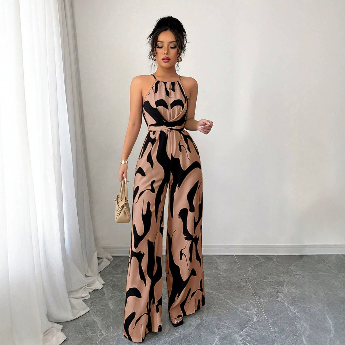 Commerce extérieur Halter Neck Jumpsuit Summer European and American Style Milk Pattern Tie-Up