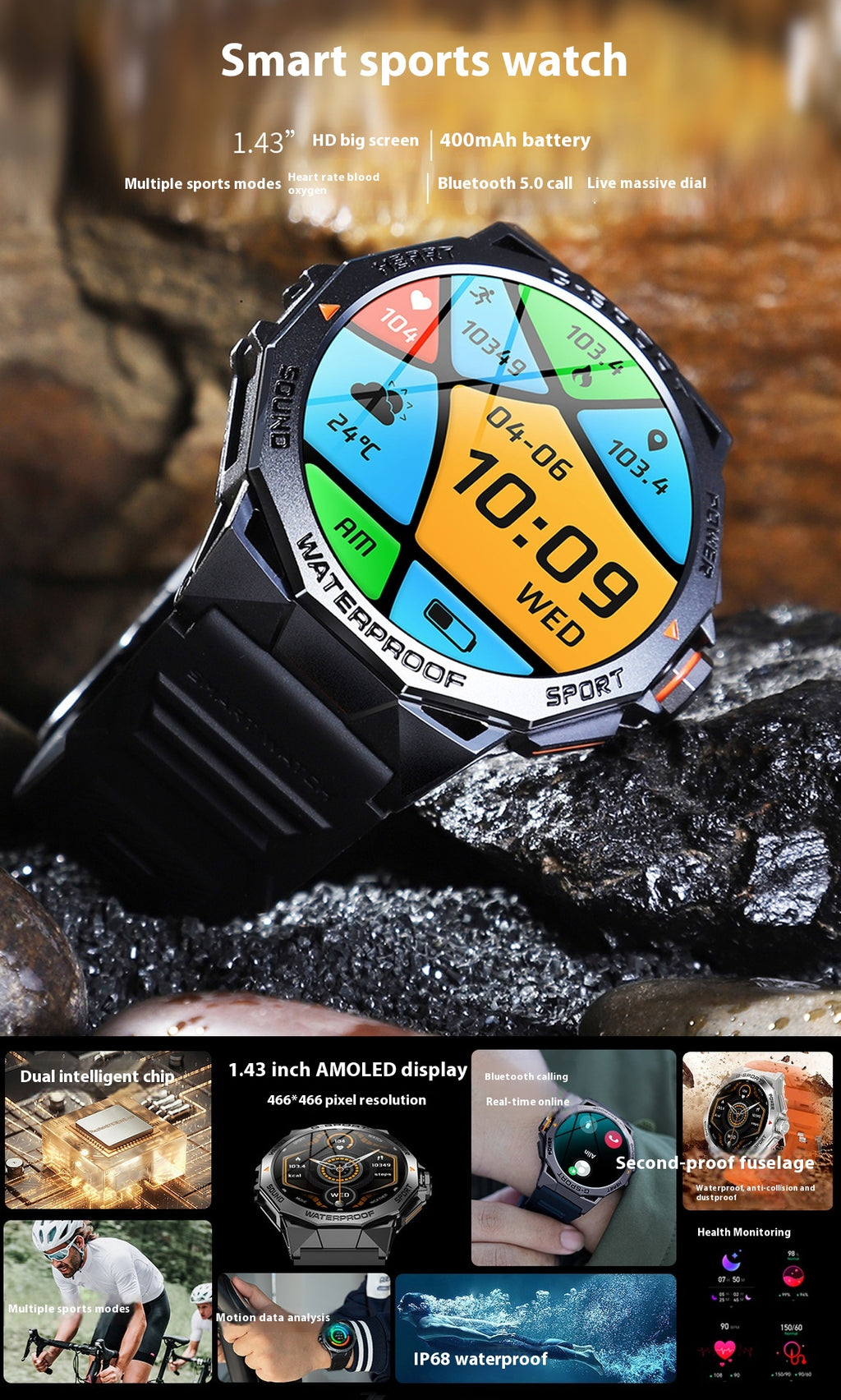 Écran Bluetooth appelant la météo Fréquence cardiaque Surveillance de l'oxygène du sang Smart Watch