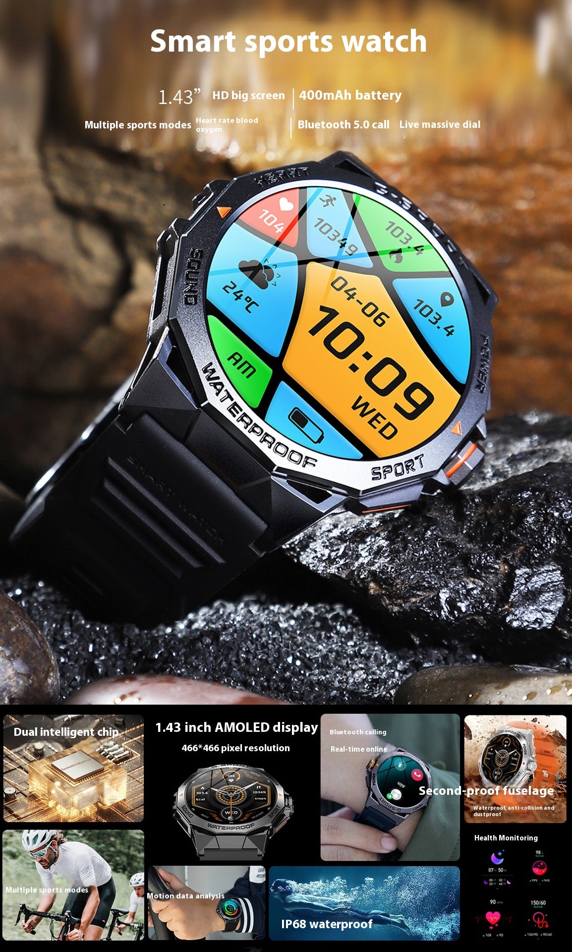 Écran Bluetooth appelant la météo Fréquence cardiaque Surveillance de l'oxygène du sang Smart Watch