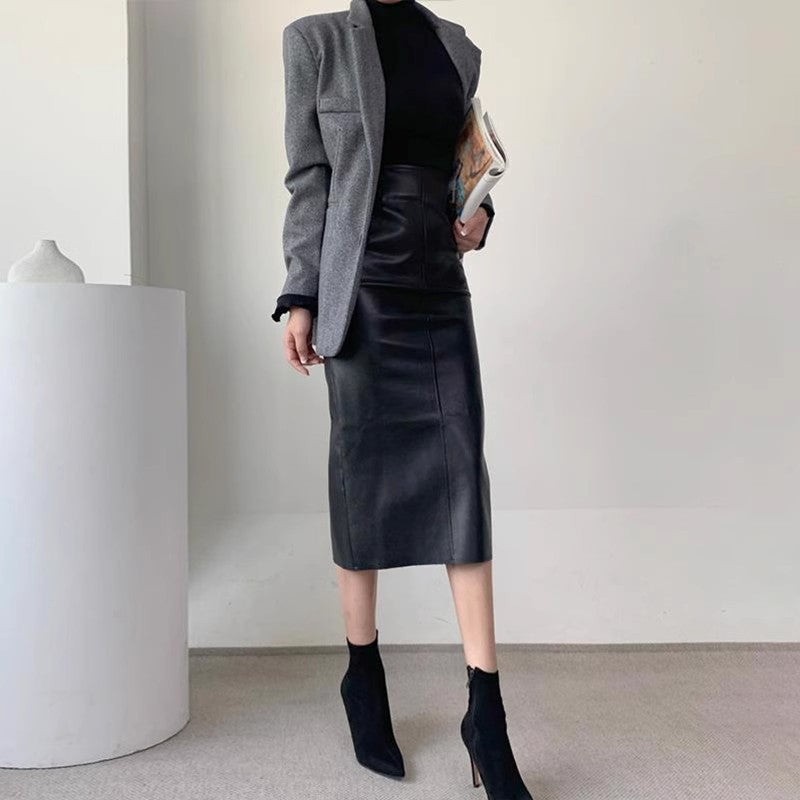 Haute taille droit dos Slit jupe Midi Drape Une-step Hip Jupe