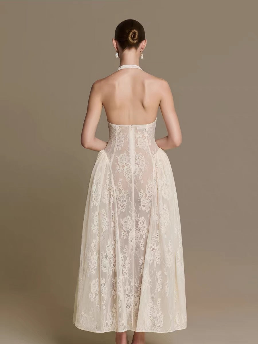 Halter V Collier Robe de Dentelle Florale Midi Mariée