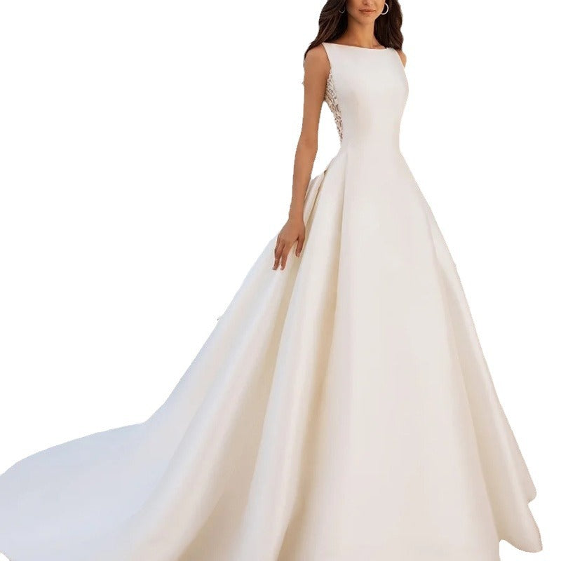 Française Retro Dentelle Texture avancée Satin Slim Mariée Simple Elégante robe de mariée Trailing