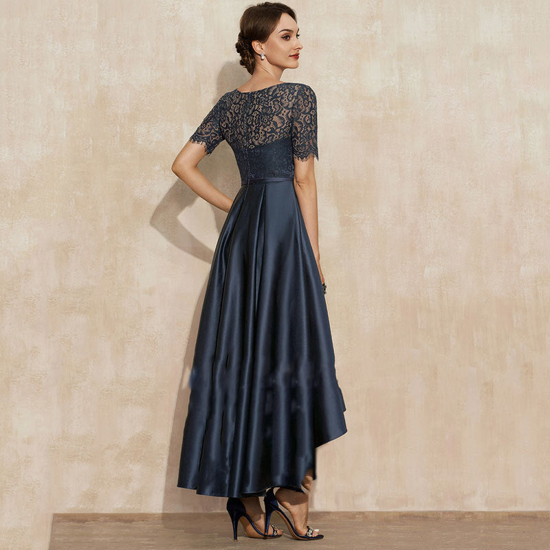 Navy blue satin lace short-sleeved dress