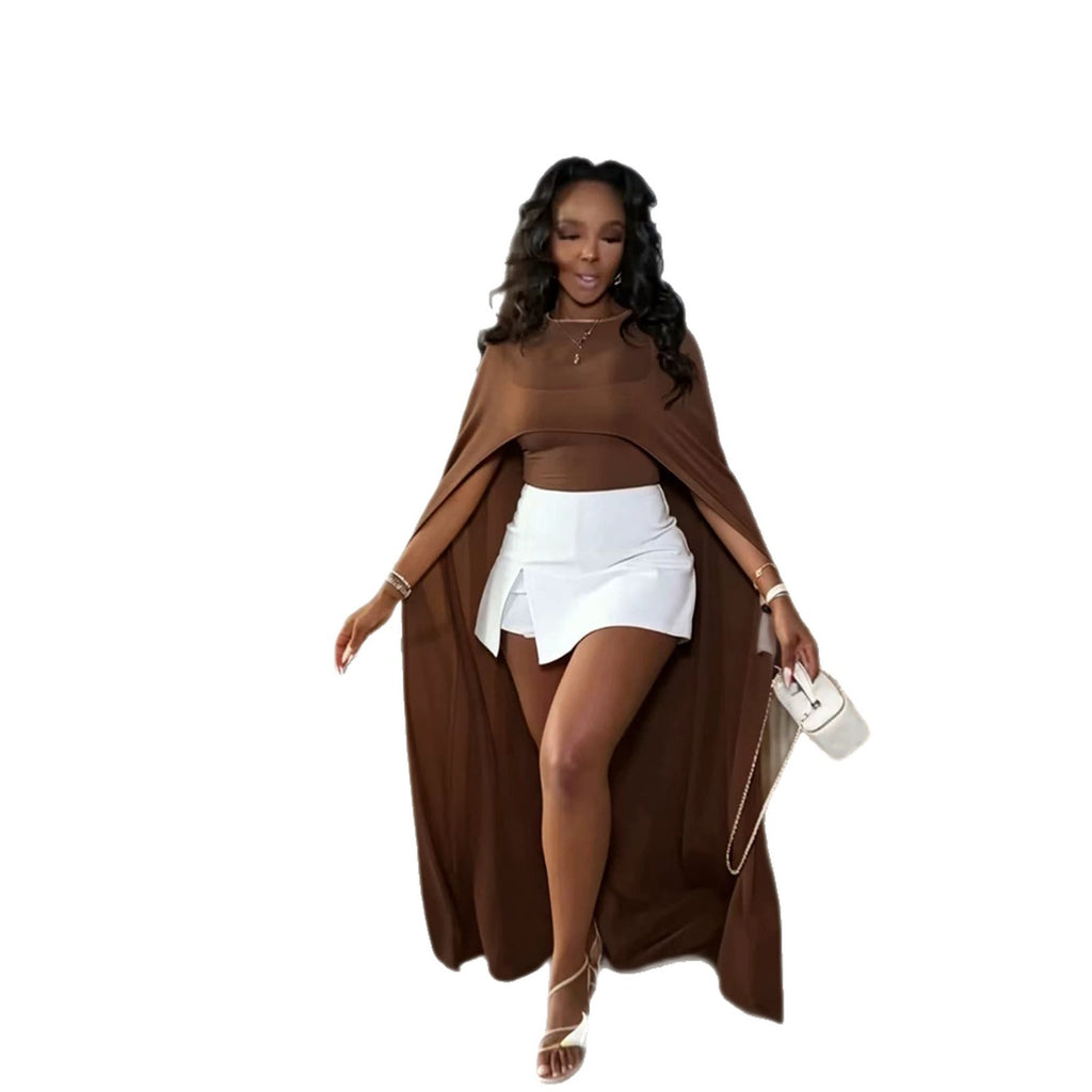 Élégantes femmes à l'aise Mesh Maxi Cape avec manches drapées Et un midriff-baraging T
