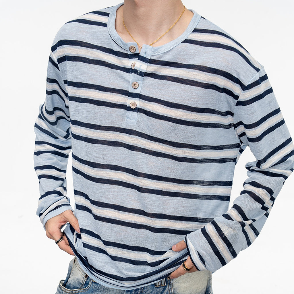 T-shirt à manches longues Henley rayé de couleur rétro