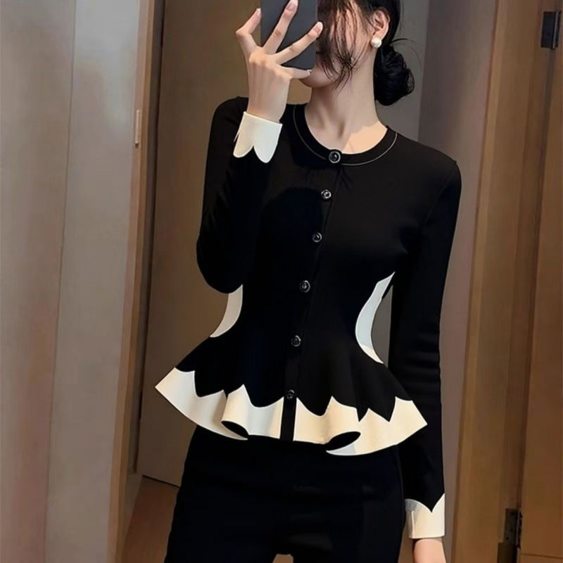 Printemps et automne Niche Style Élégant Socialite Tight Waist Sweater