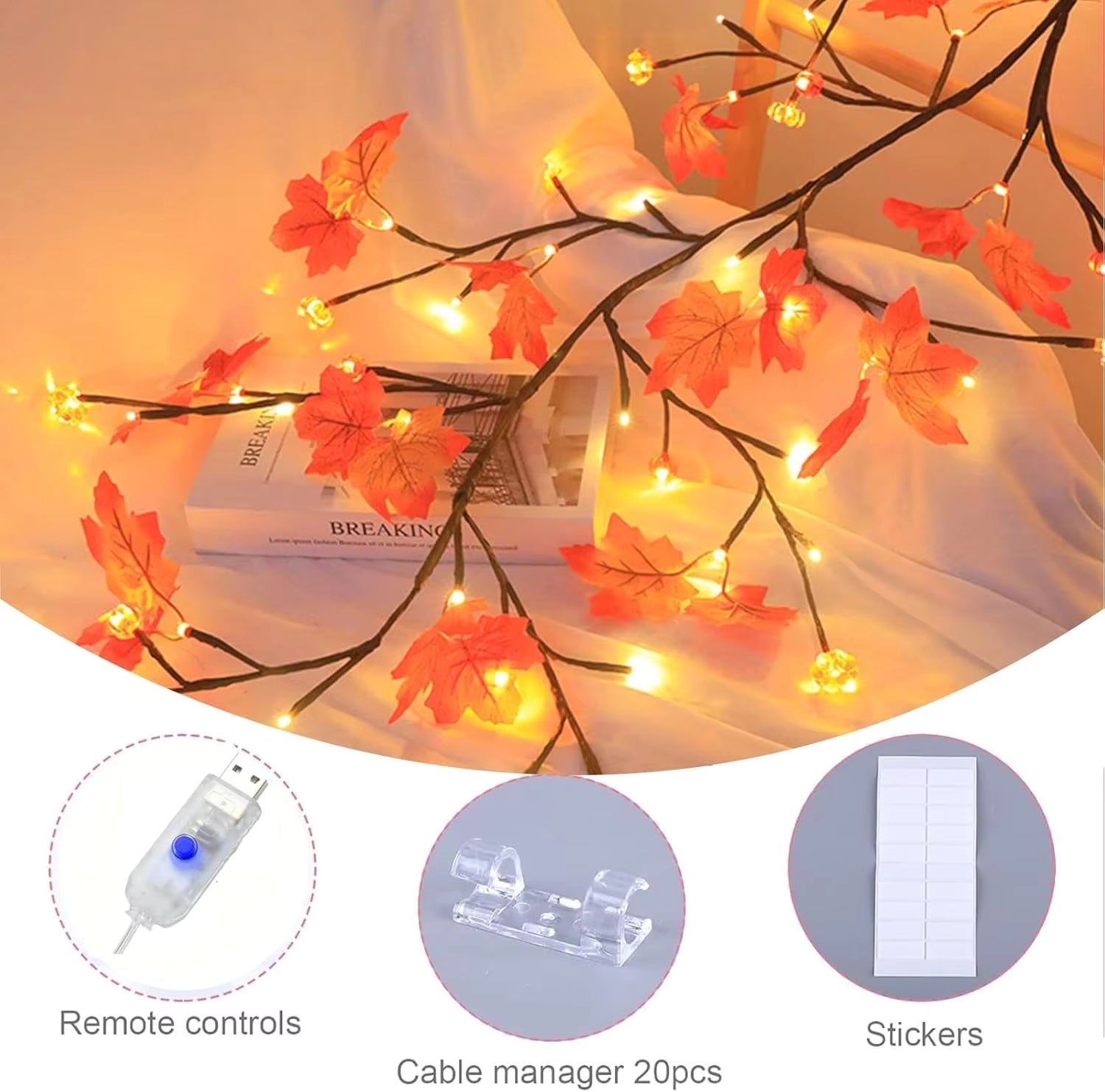 Feuille d'érable LED branches lumières avec télécommande - 138LED Willow Vine Twig Garland pour mur D