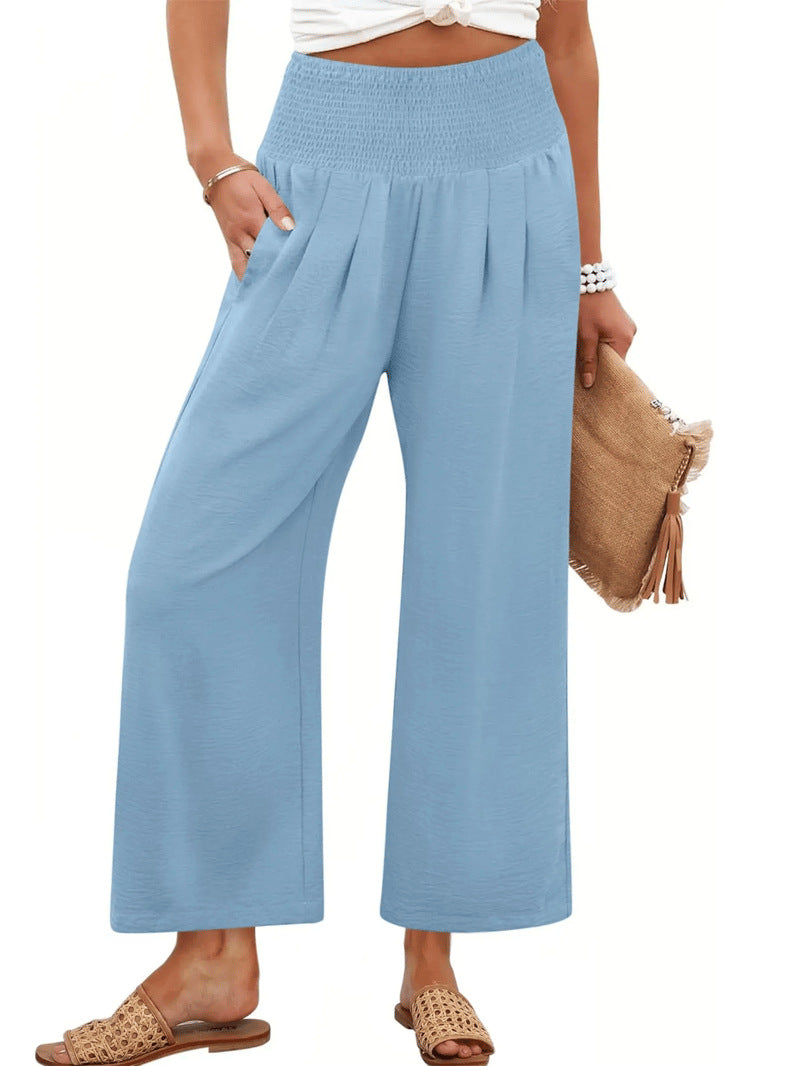 Printemps et automne Couleur solide Pantalons de femmes broyés haute taille taillés droit-leg Casual