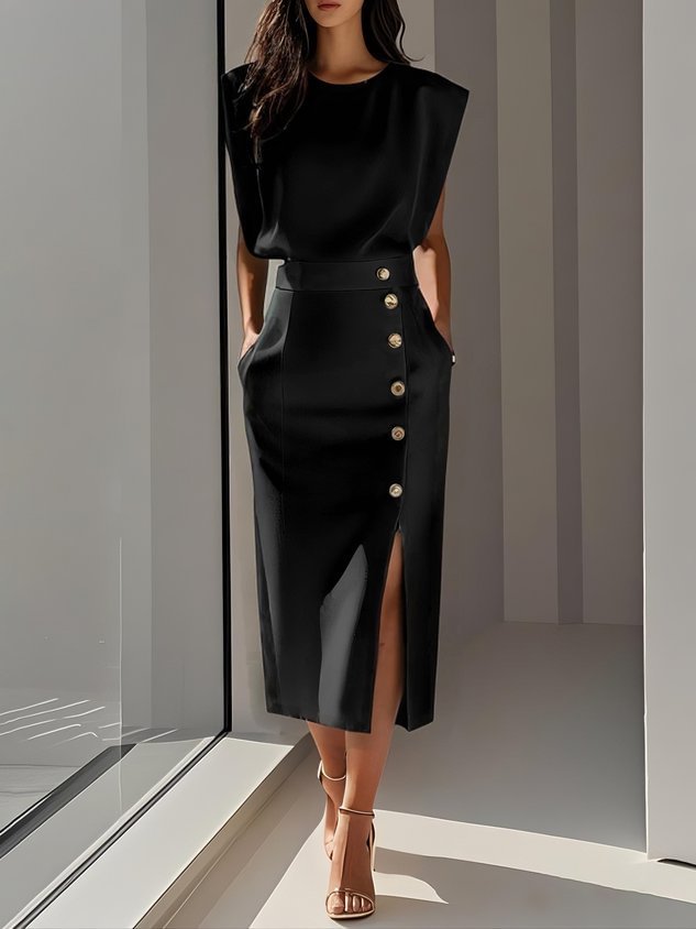 European and American Women's Round Neck Bouton sans manches Slit Solid Color Fashionable Ve
