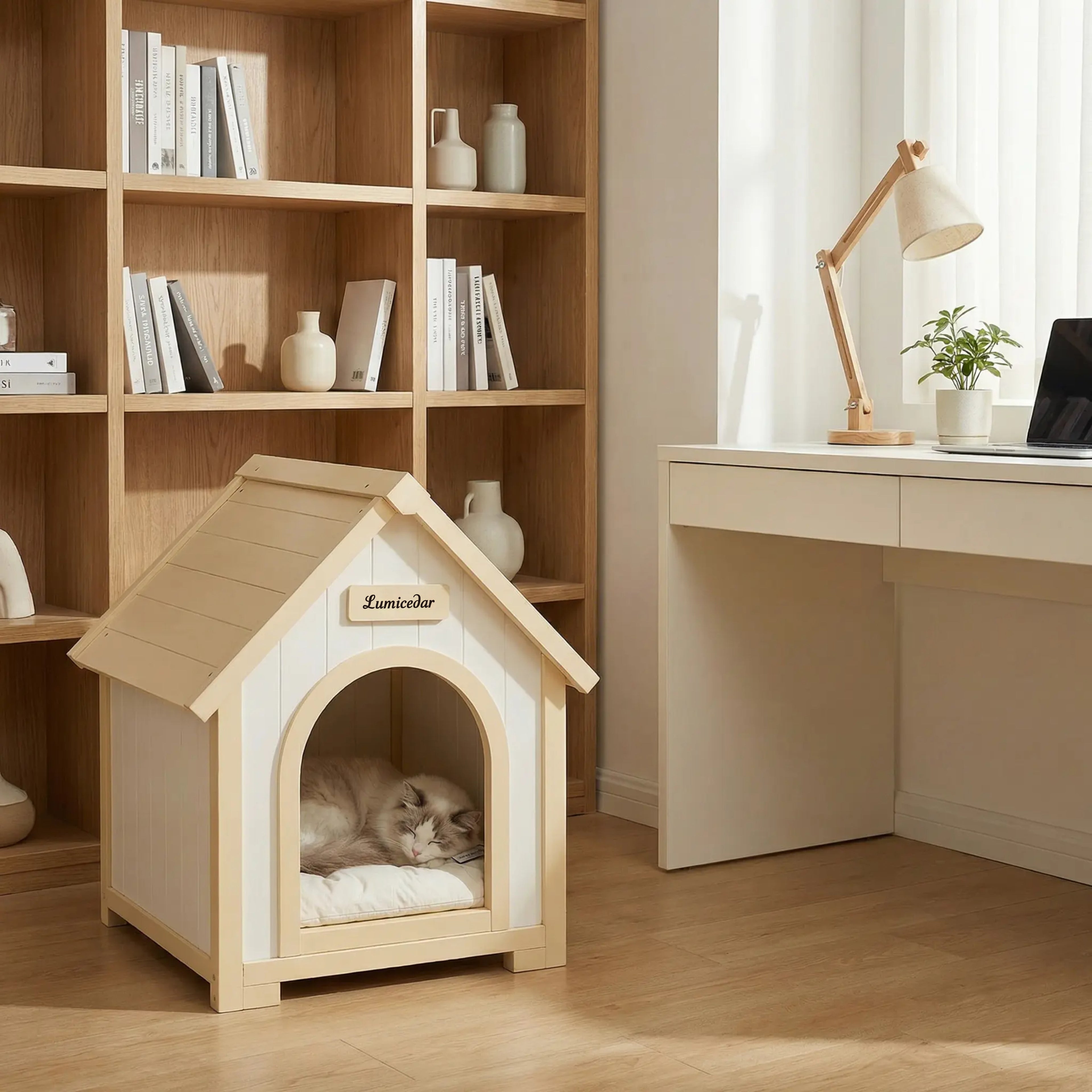 Maison de chien en bois moderne avec coussin EVA – Cèdre solide Pet House pour petits chiens & C