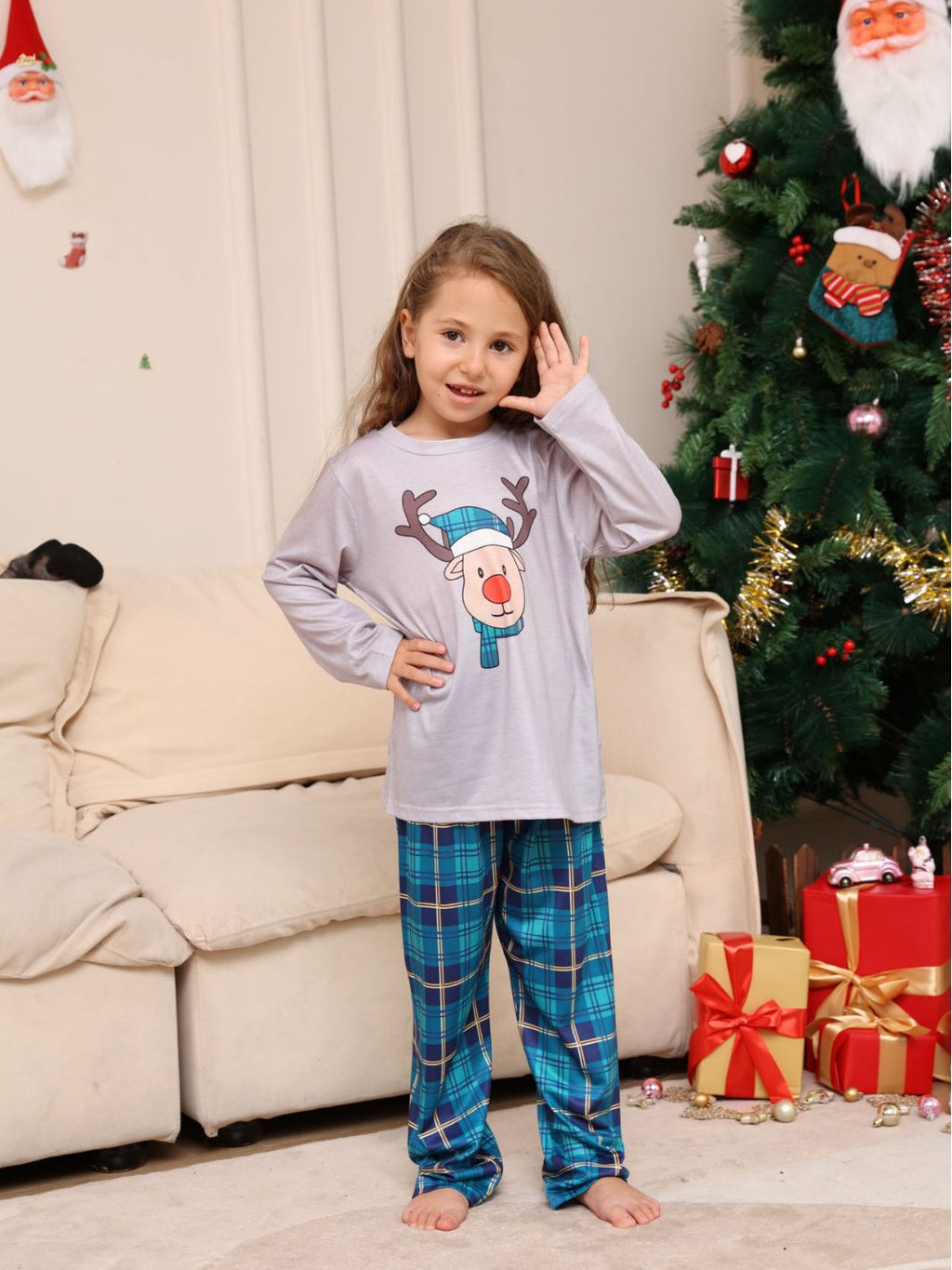 Pyjama à manches longues, tête bleue de cerf de Noël