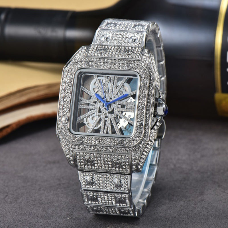 Square diamond-encrusted quartz movement steel bracelet