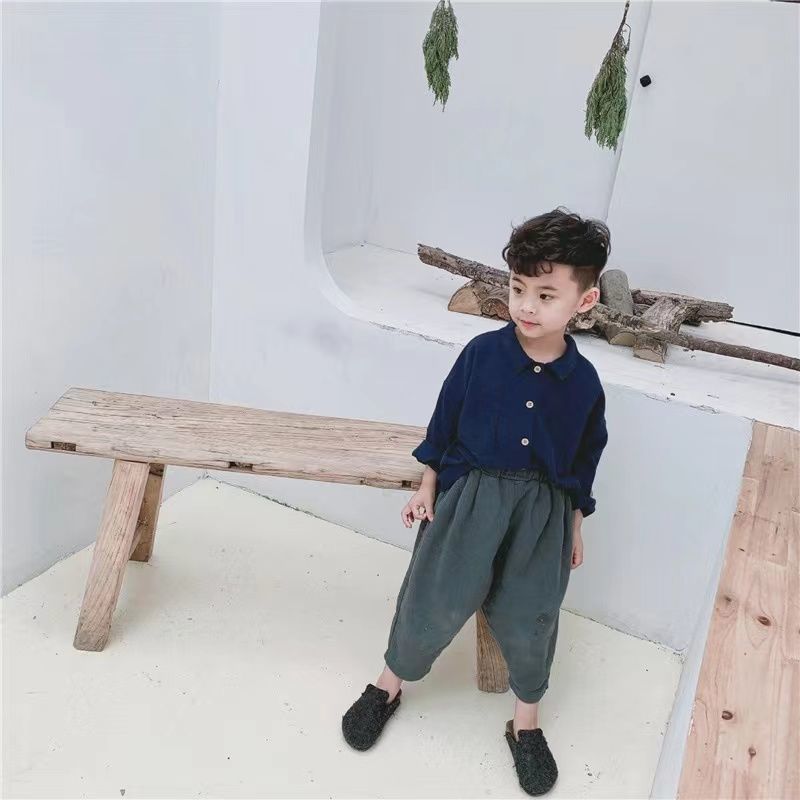 Chemise pour enfants Style japonais Retro Batwing Manche Lapel Lin de coton