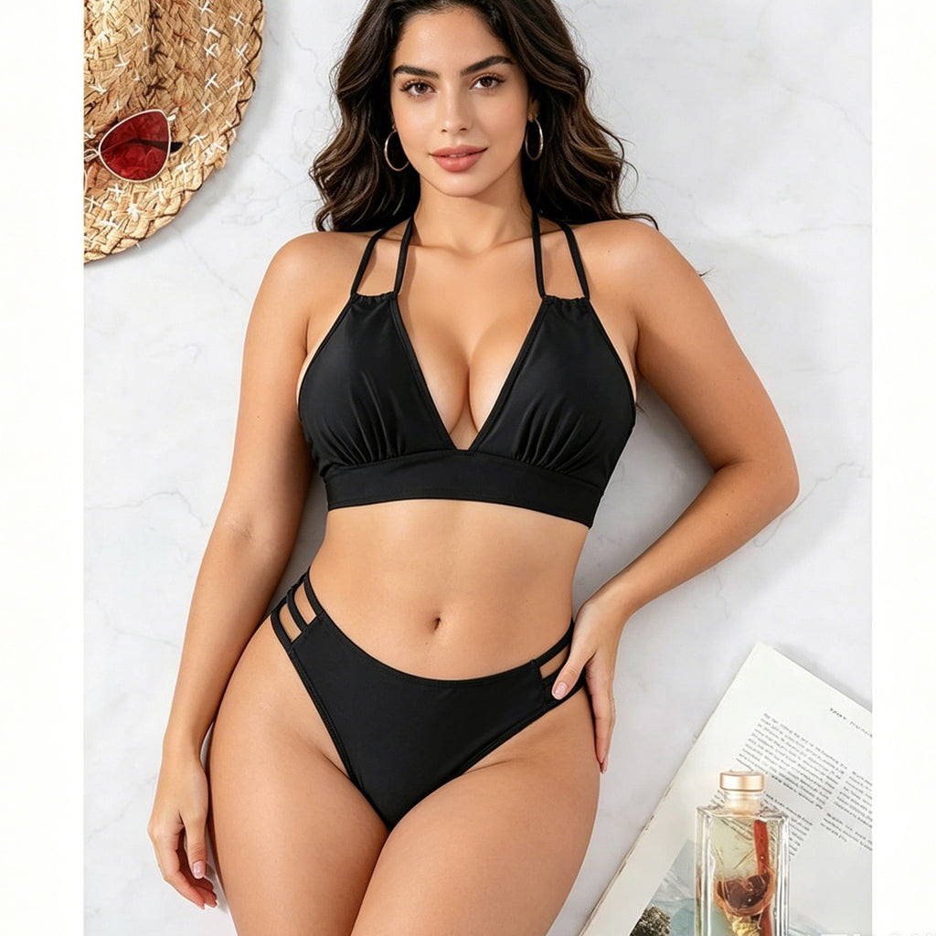Ensemble de bikini double bracelet noir pour femmes
