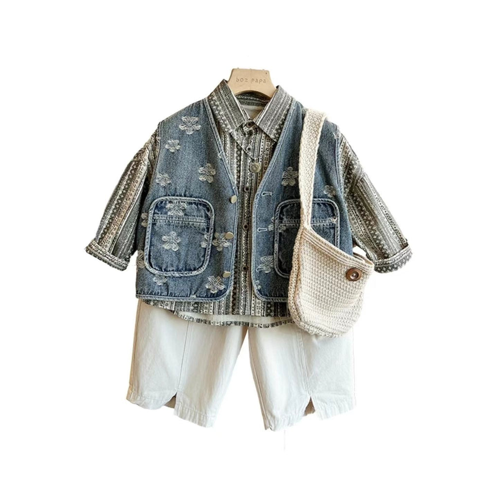 Retro embroidered Korean style denim shirt and pants