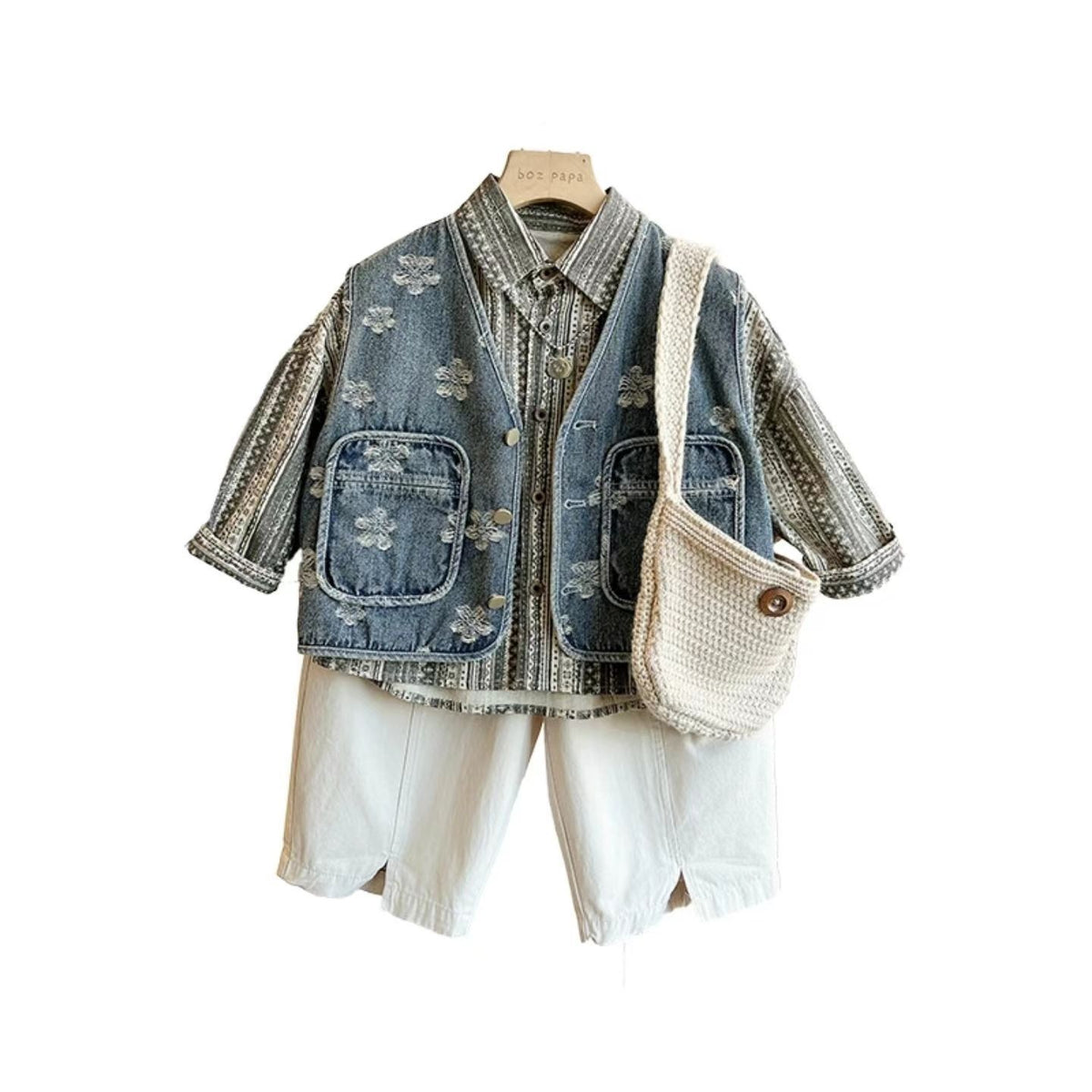 Retro embroidered Korean style denim shirt and pants
