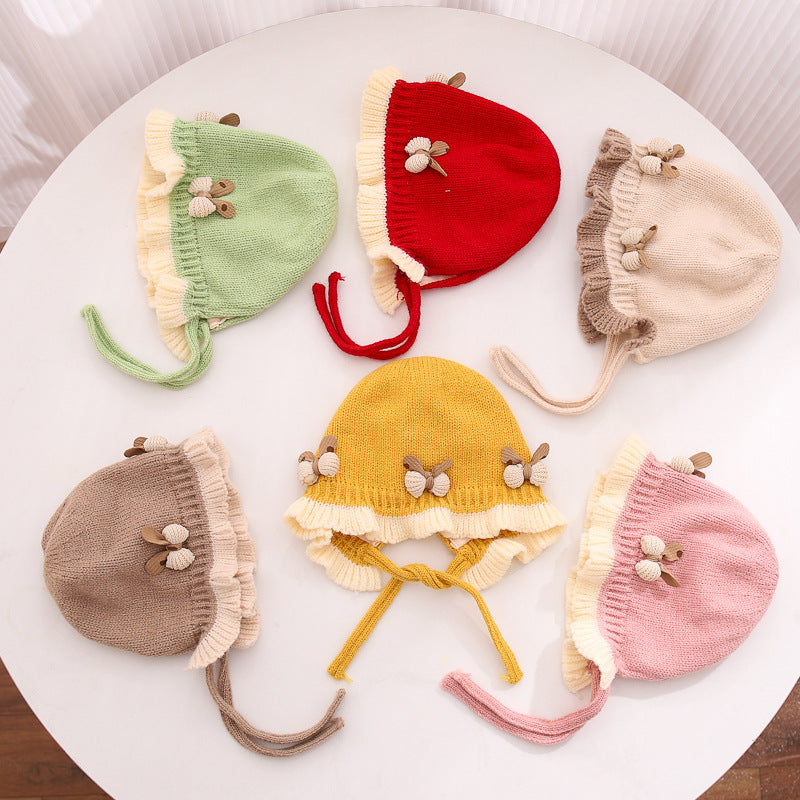 Automne et hiver Chapeau tricoté Mignon princesse fleur Bonnet bébé fille chaude Dentelle haut laine bras