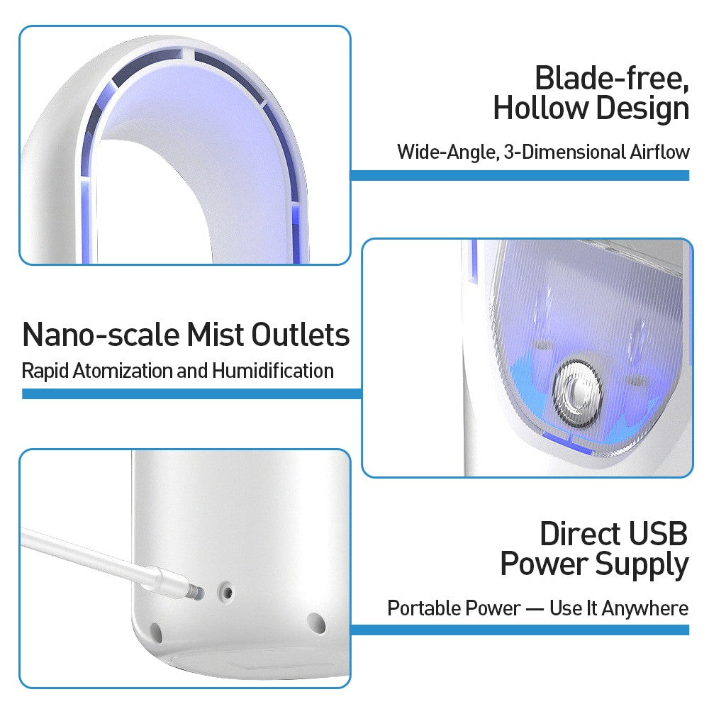 Portable Bladeless Fan Quiet Desk Fan 6 Speeds with Humidifier