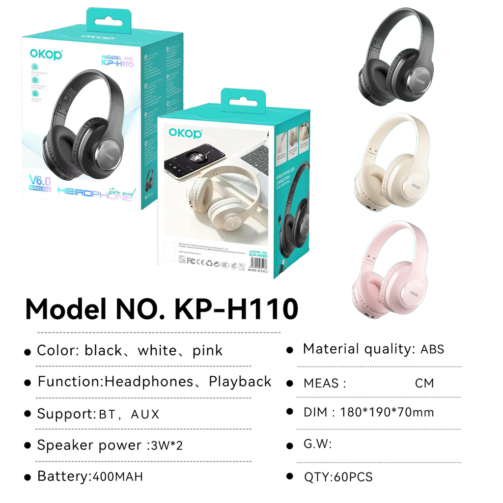KP-H110 Casques Bluetooth over-Ear sans fil les plus vendus Version 6.0 avec Microphone Lo