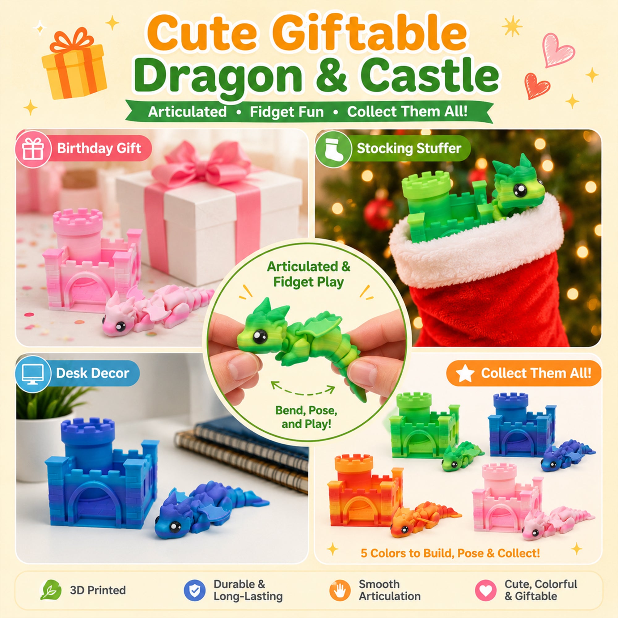 3D Imprimé Movable Joint Fantasy Beast Figurine avec Mini Castle House Bureau flexible ou
