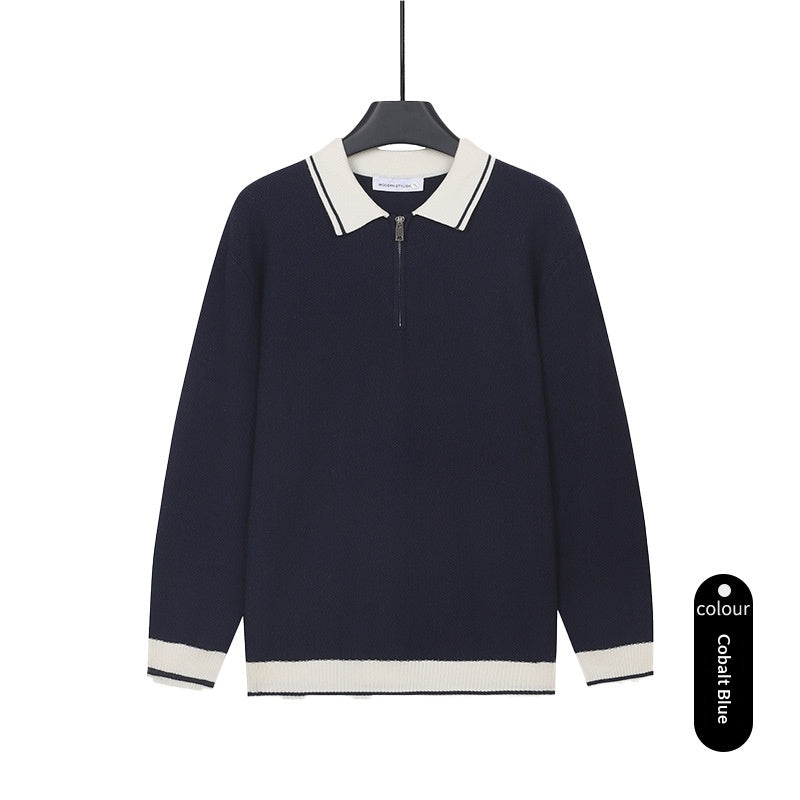 Haut casual de couleur solide homme avec lapel et demi-zip