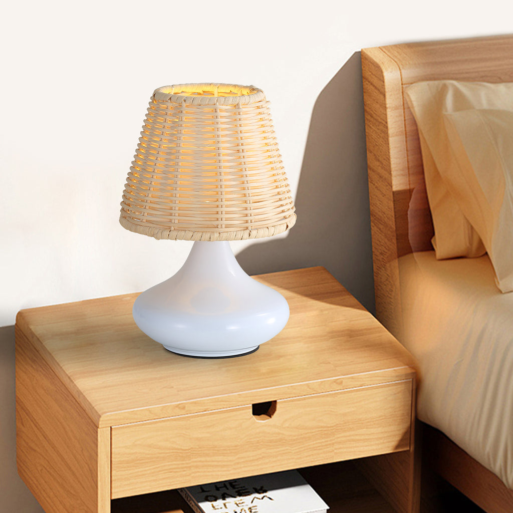 Lampe de table en bambou blanc Lampe de bureau variable Lampe de nuit avec base en fer et trois couleurs