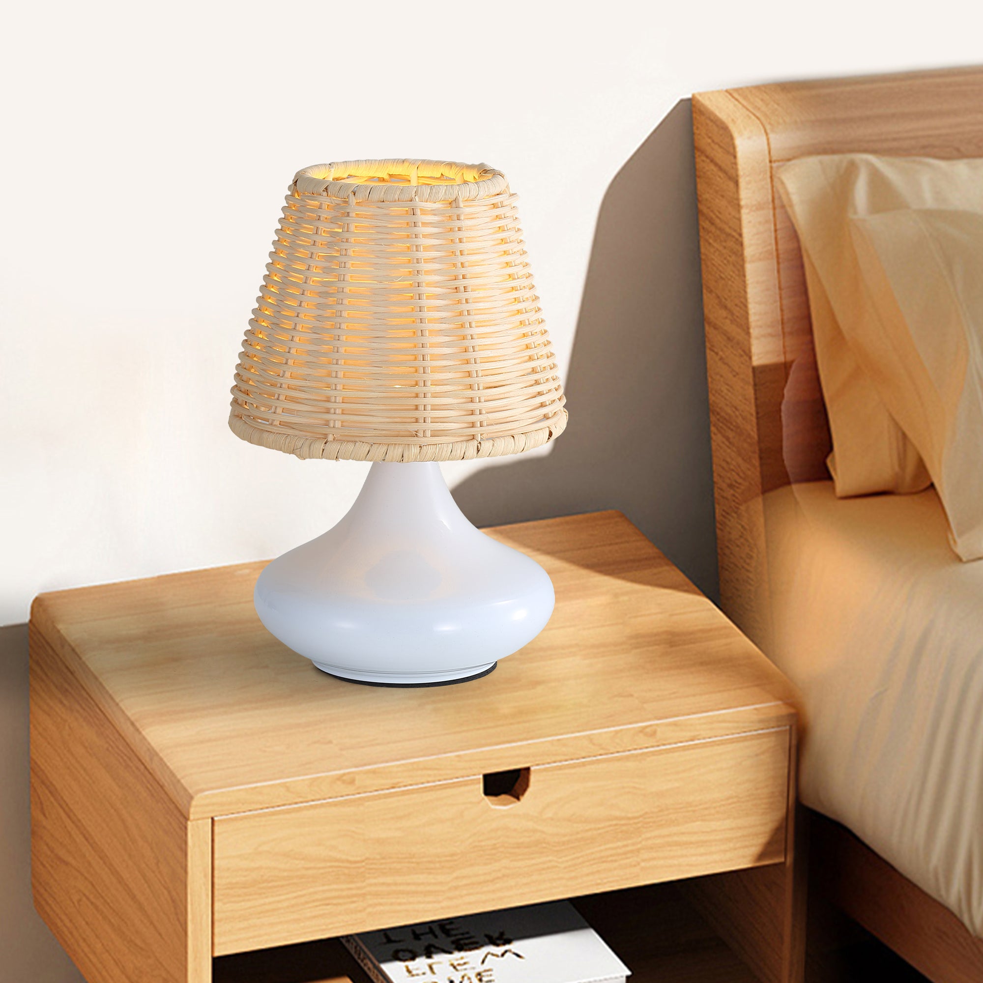 Lampe de table en bambou blanc Lampe de bureau variable Lampe de nuit avec base en fer et trois couleurs
