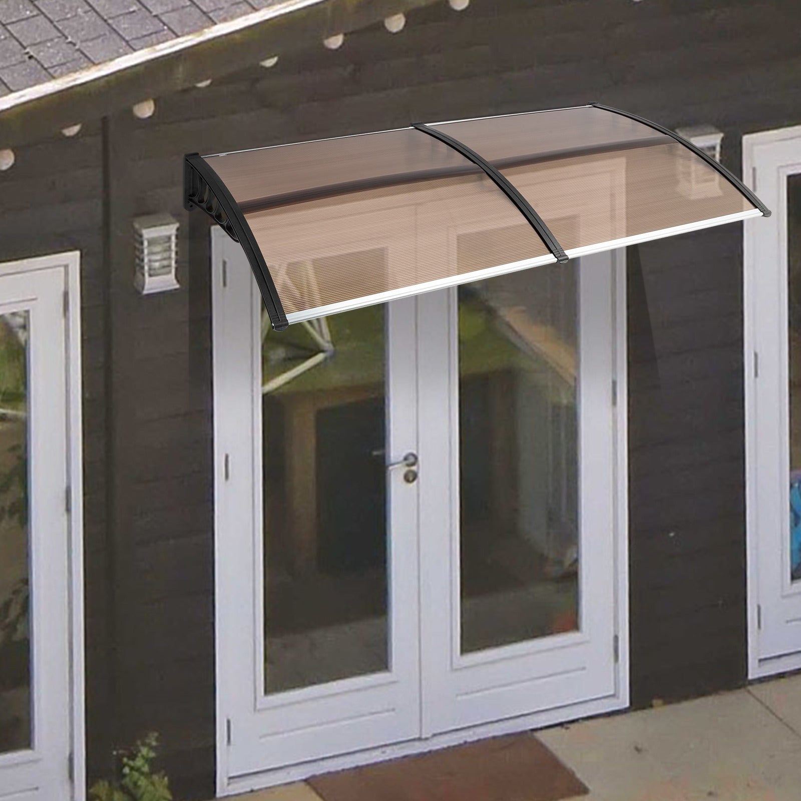 Auvent de porte 80x38in avec panneau en polycarbonate brun et support noir