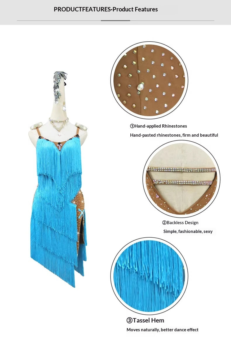Robe fringée haut de gamme pour les concours professionnels de danse latine en bleu