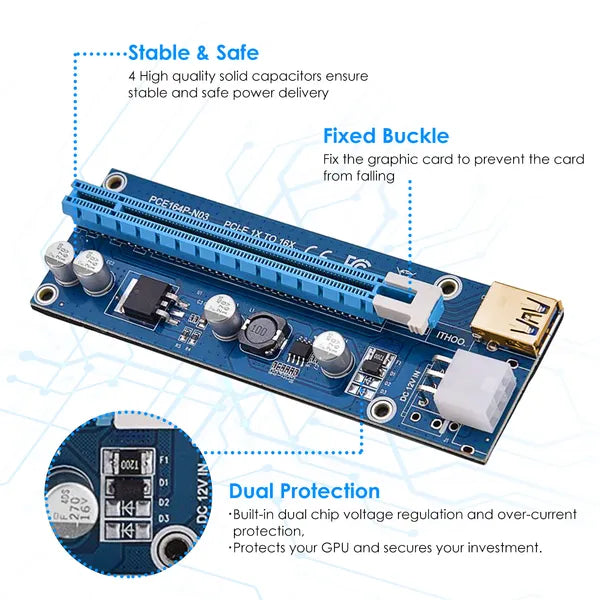 5Sets PCI-E PCI Express Risers GPU Carte adaptateur Riser alimenté par extraction W/ 23.62in USB 3.0 Ca