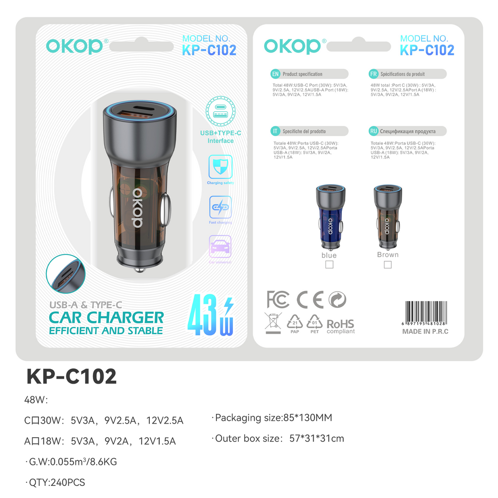 KP-C102 Chargeur de voiture multi-ports en stock USB Type-C avec charge ultra-rapide et lecteur MP3
