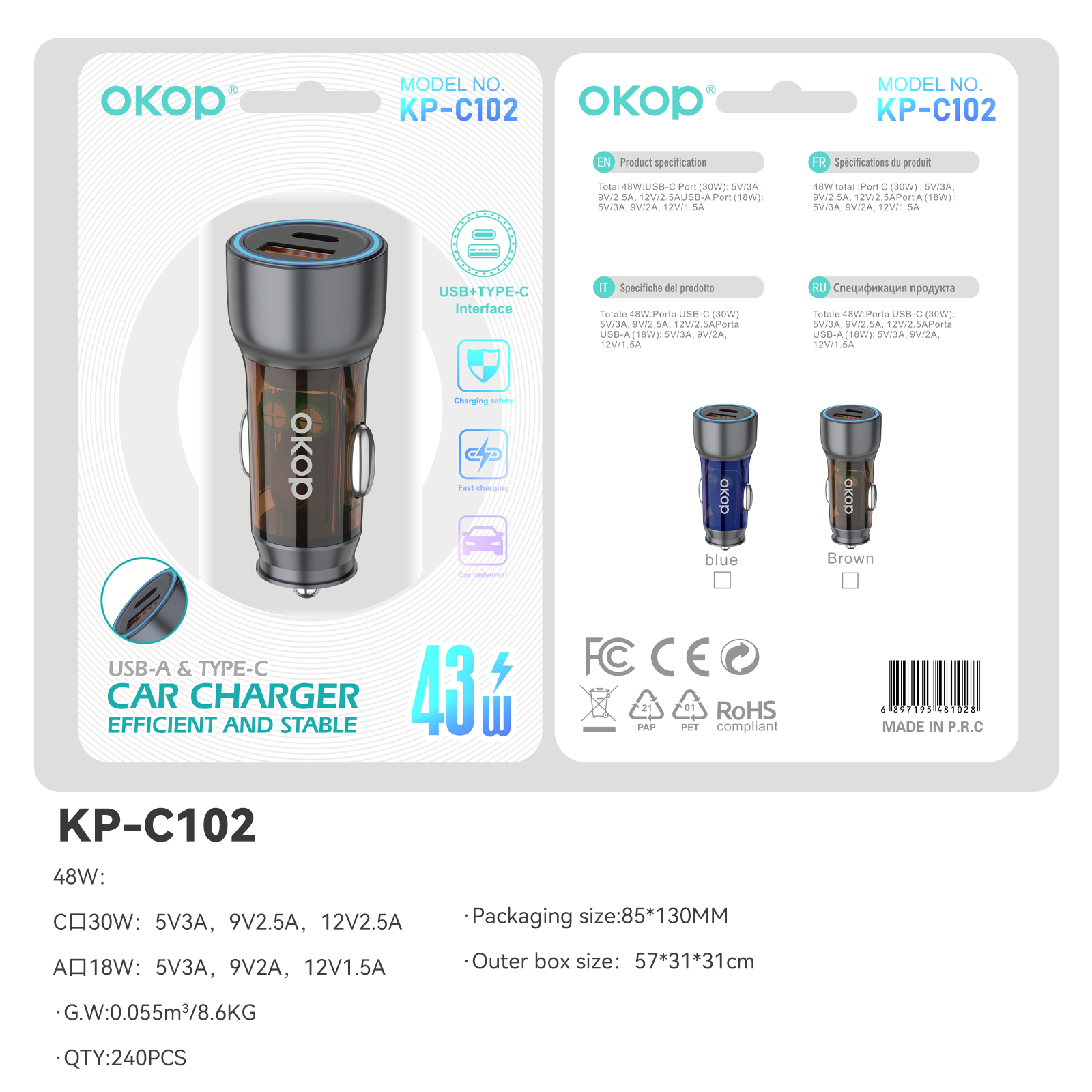 KP-C102 Chargeur de voiture multi-ports en stock USB Type-C avec charge ultra-rapide et lecteur MP3
