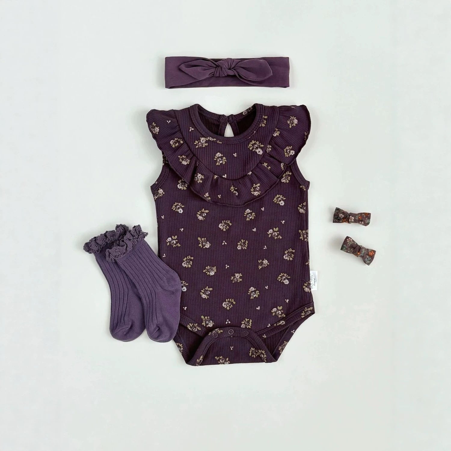Summer Niche style Ruffled Berry-purple Floral Baby Onesie