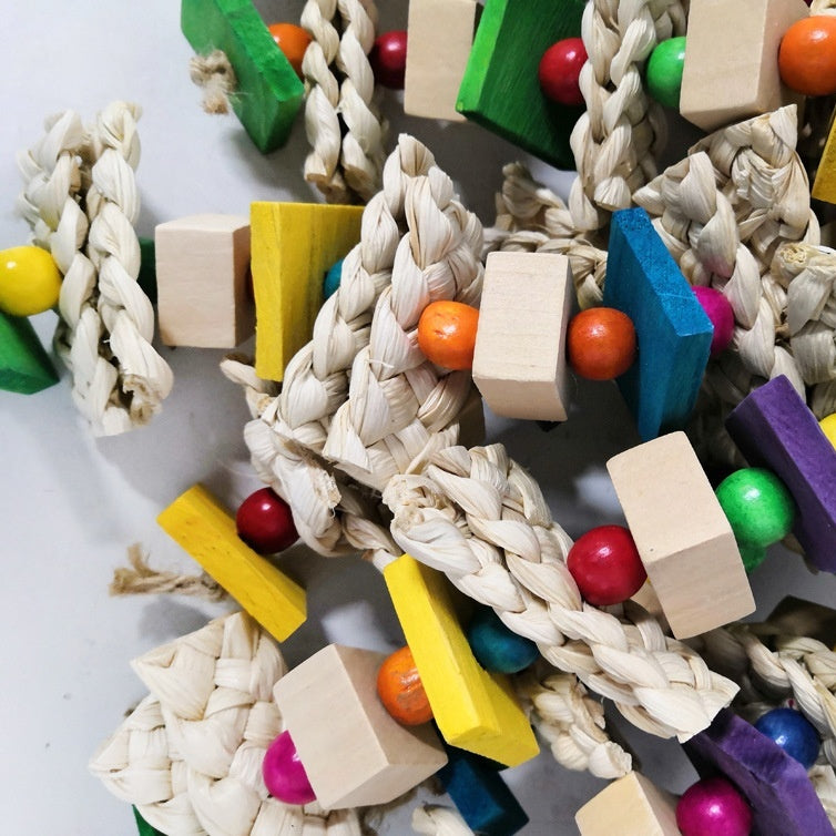 Perroquets Gnaw sur des jouets en maïs et bois