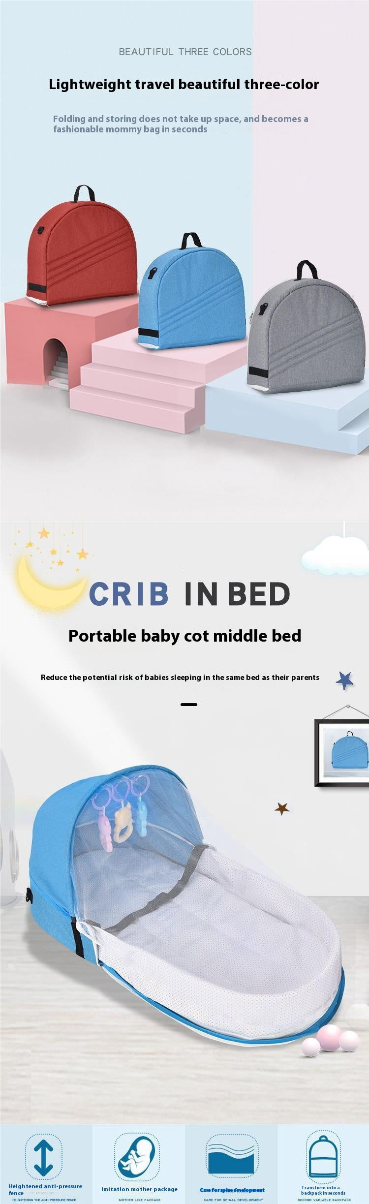 Lit bébé anti-pression pliable portable dans un nouveau-né Isolation Bionic Travel Crib