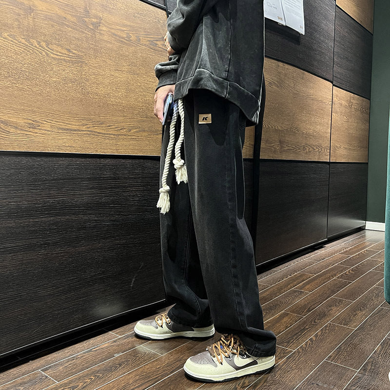 Hommes Elastic-waist Drawstring Jeans Loose-fit Straight-leg Style