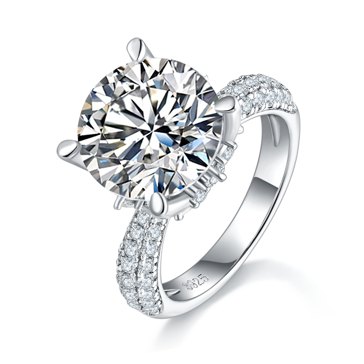 S925 Sterling Silver 5ct Moissanite Engagement Ring, 11mm D-VVS1 Round Cut, 4-Prong Pave Band, Platinum Plated US Sizes 5-9, GRA Certificate Gift Box