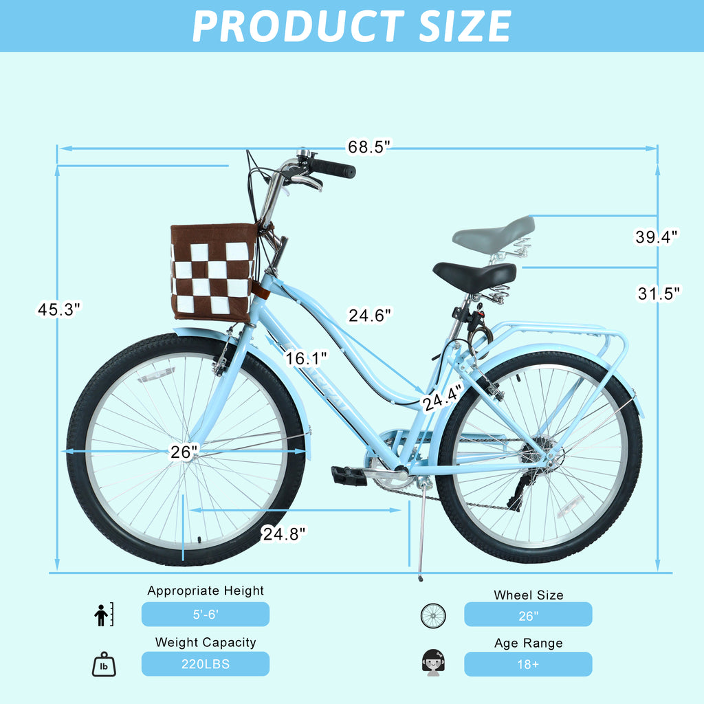 26 pouces vélo de navette de ville à 7 vitesses avec serrure et panier amovible Cadre en acier haute sensibilité