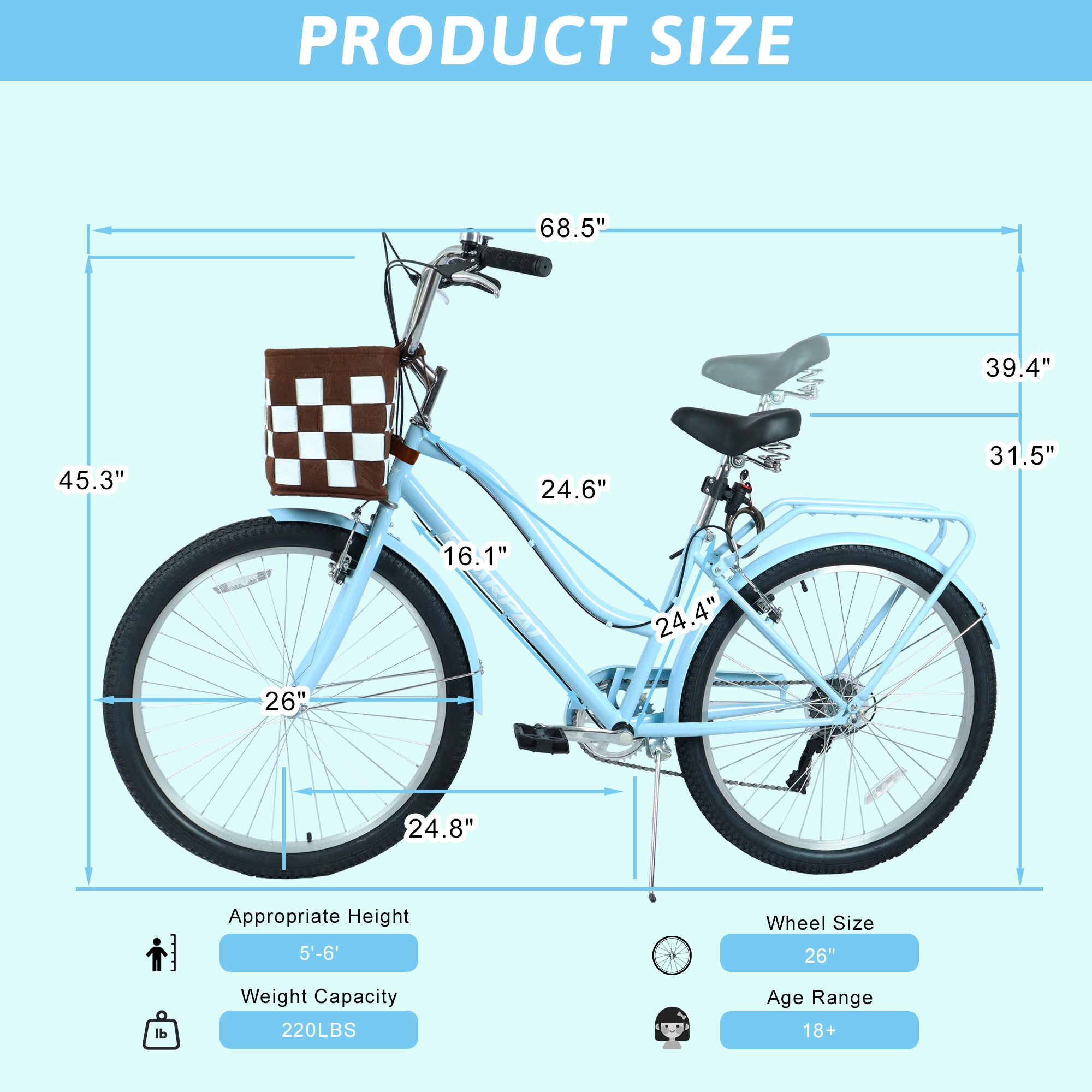 26 pouces vélo de navette de ville à 7 vitesses avec serrure et panier amovible Cadre en acier haute sensibilité