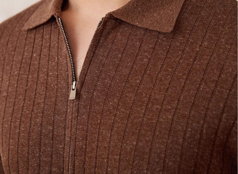 Linge Blend Lapel Zipper Sunken Stripe Manche courte
