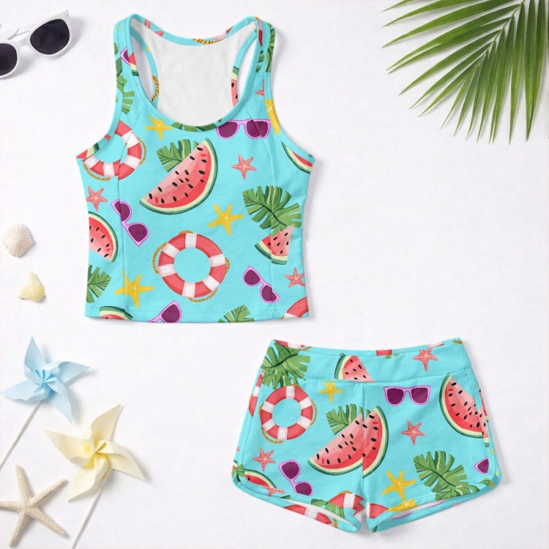 Girls' fashionable swimsuit set with watermelon print
