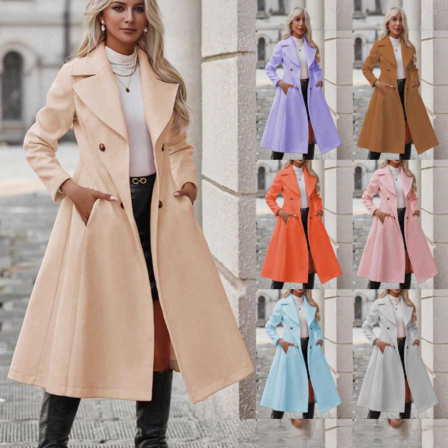 Femmes Lapel de couleur unie Casual Double-breasted Long Trench Coat