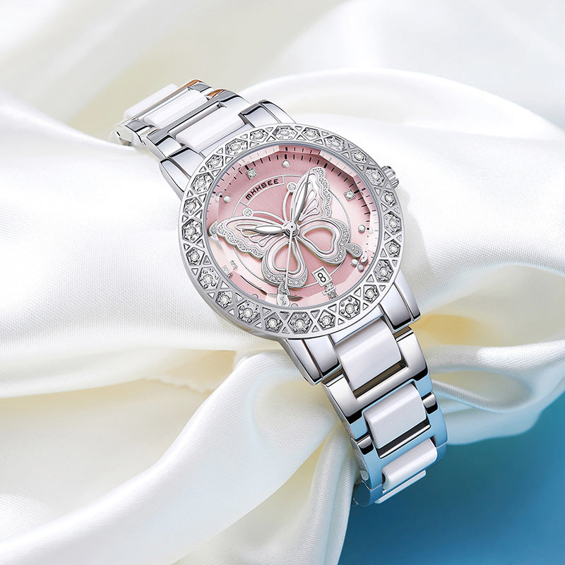 Butterfly Montre de luxe pour femmes avec calendrier et bracelet en acier