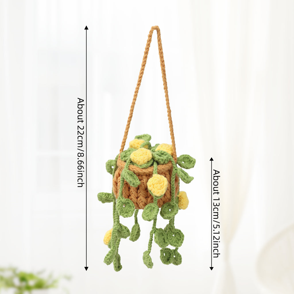 Crochet à la main suspendu ornement en pot avec des boutons de fleurs jaunes trailing et feuille verte V