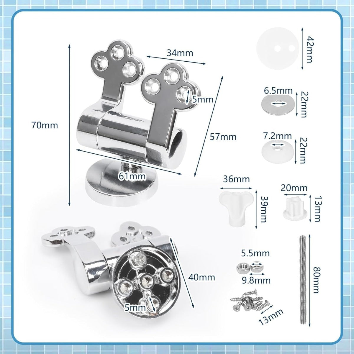 2-piece toilet lid and hinge fixing set with soft-close mechanism