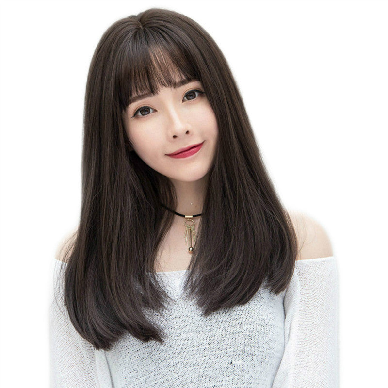 Japonais et Coréen Wig Femmes Air Bangs Moyen Long Droite