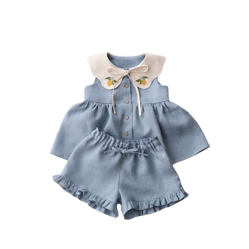 Enfants sans manches Broded-Neck Top et shorts ensemble à deux pièces
