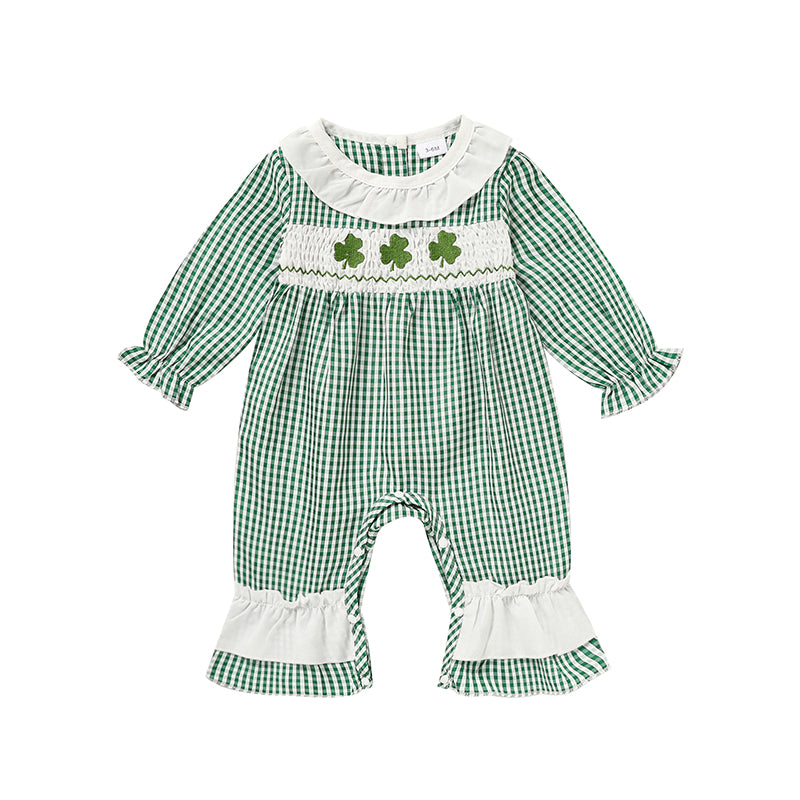 Ewborn Baby Girls Green Plaid Four-leaf Clover Allover Imprimer Bodysui à manches longues en une seule pièce