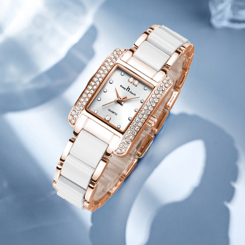 Femmes High End Quartz Square Montre avec look céramique et diamants Accents