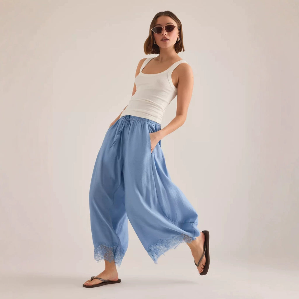 Women's Lace Paneled Wide-Leg Pants with a Burnt Hem